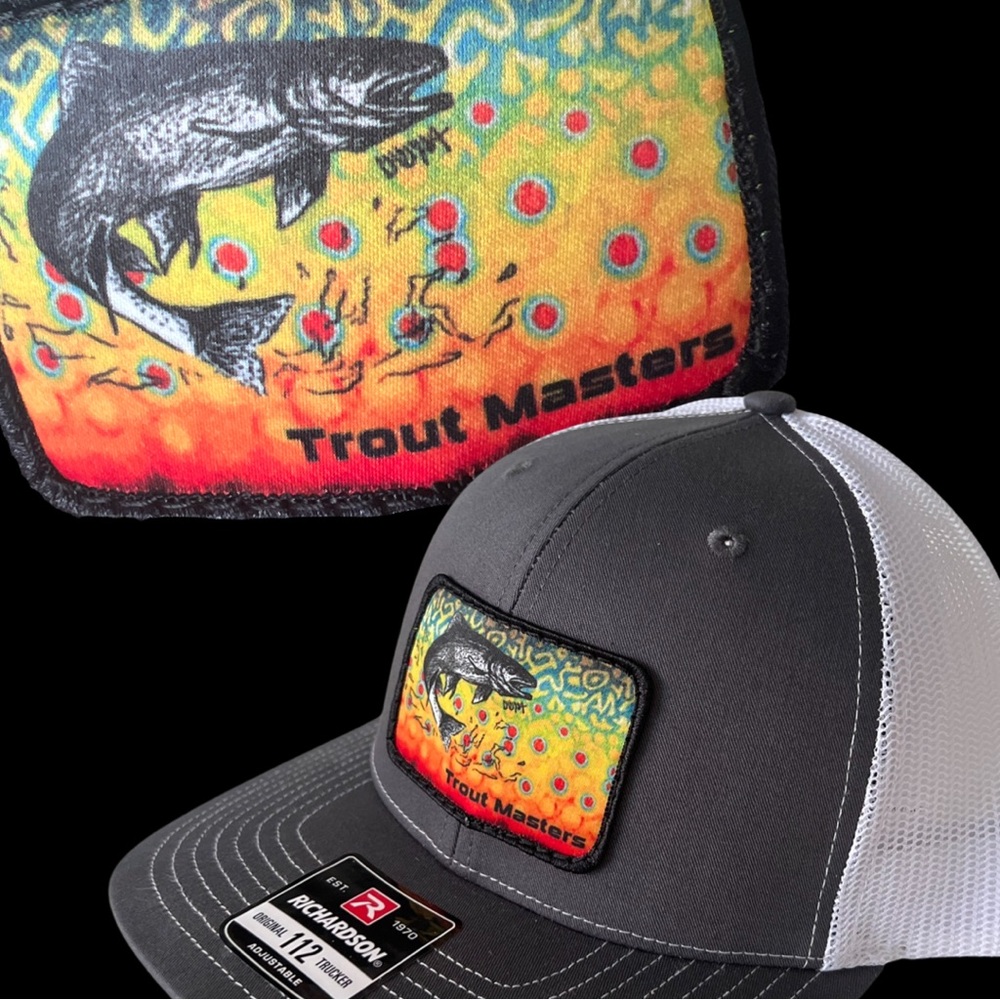 Custom Trout Master Patch Art on Richardson 112 adjustable trucker hat.